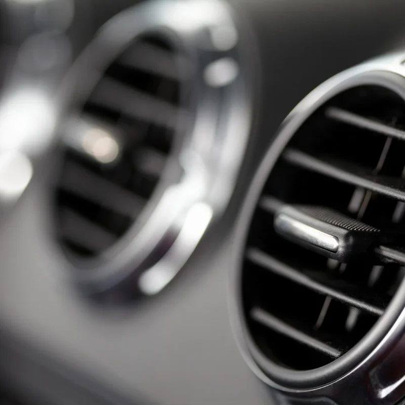 Close-up of a car dashboard air conditioning vents